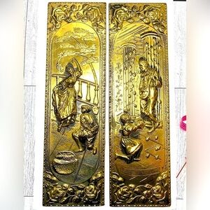 Rare vintage mid century modern wall hangings wooden backs set of 2.  #13